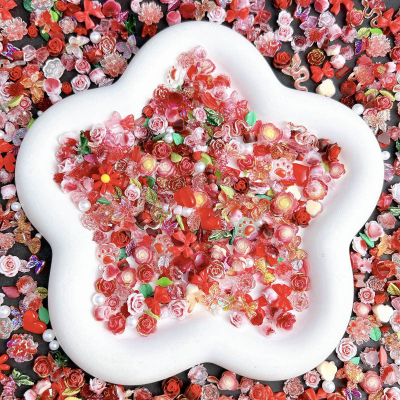 50pcs Mixed Style Nail Art Accessories, Rose Flower Charms, Small Floral Buds, Pearls, Bowknots, Leaves Embellishments For Nail Decoration